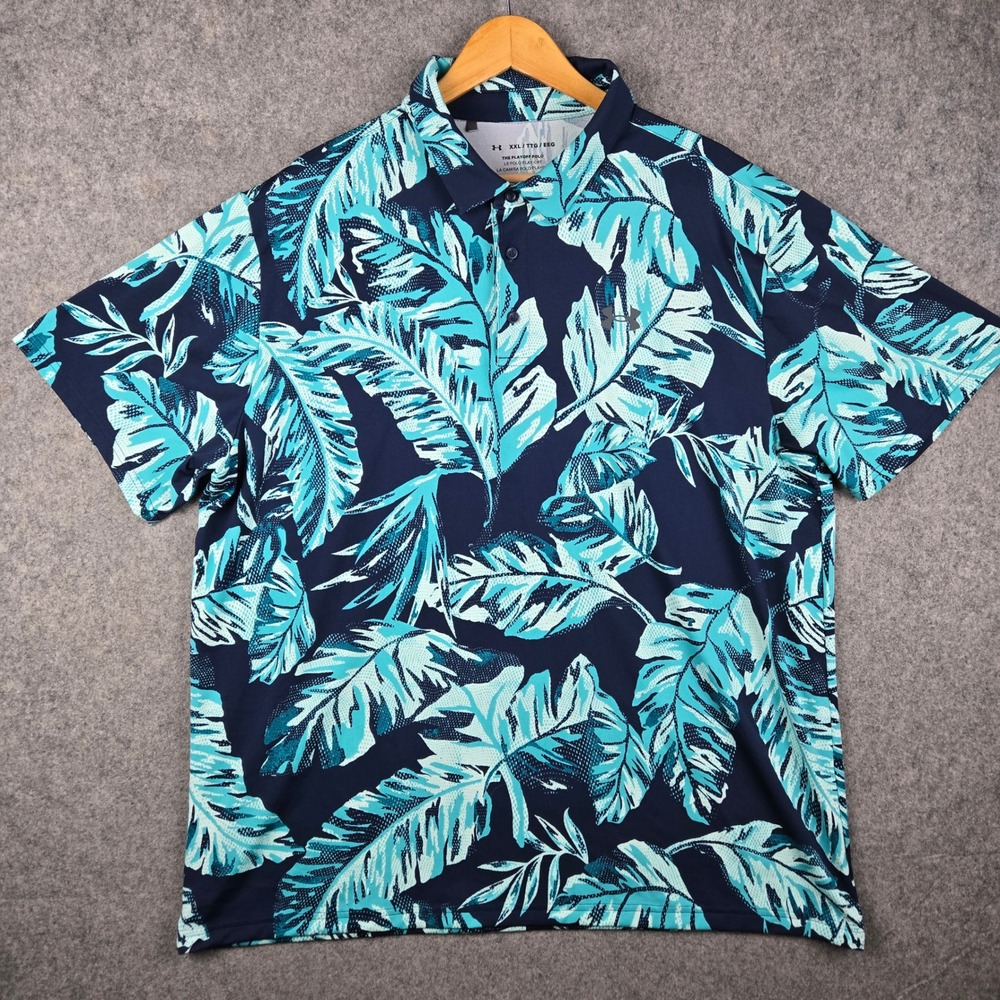 Under Armour The Playoff Polo Mens XXL Navy Blue Tropical Leaf Floral Golf Shirt